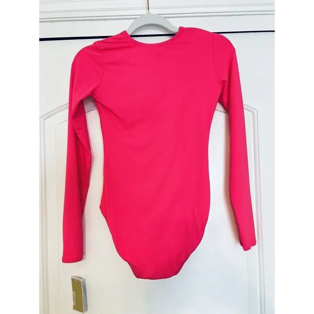 Michael Kors Neon Hot Pink Long Sleeve Rashguard Zip Up Swimsuit NEW Designer 6